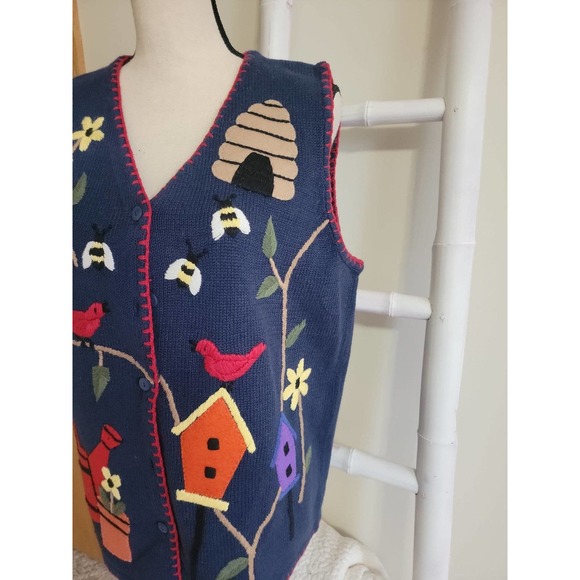 Quacker Factory Navy Birds and Bees Sweater Vest Sz M - Picture 3 of 3